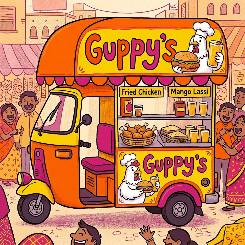 Guppy's auto-rickshaw food cart illustration